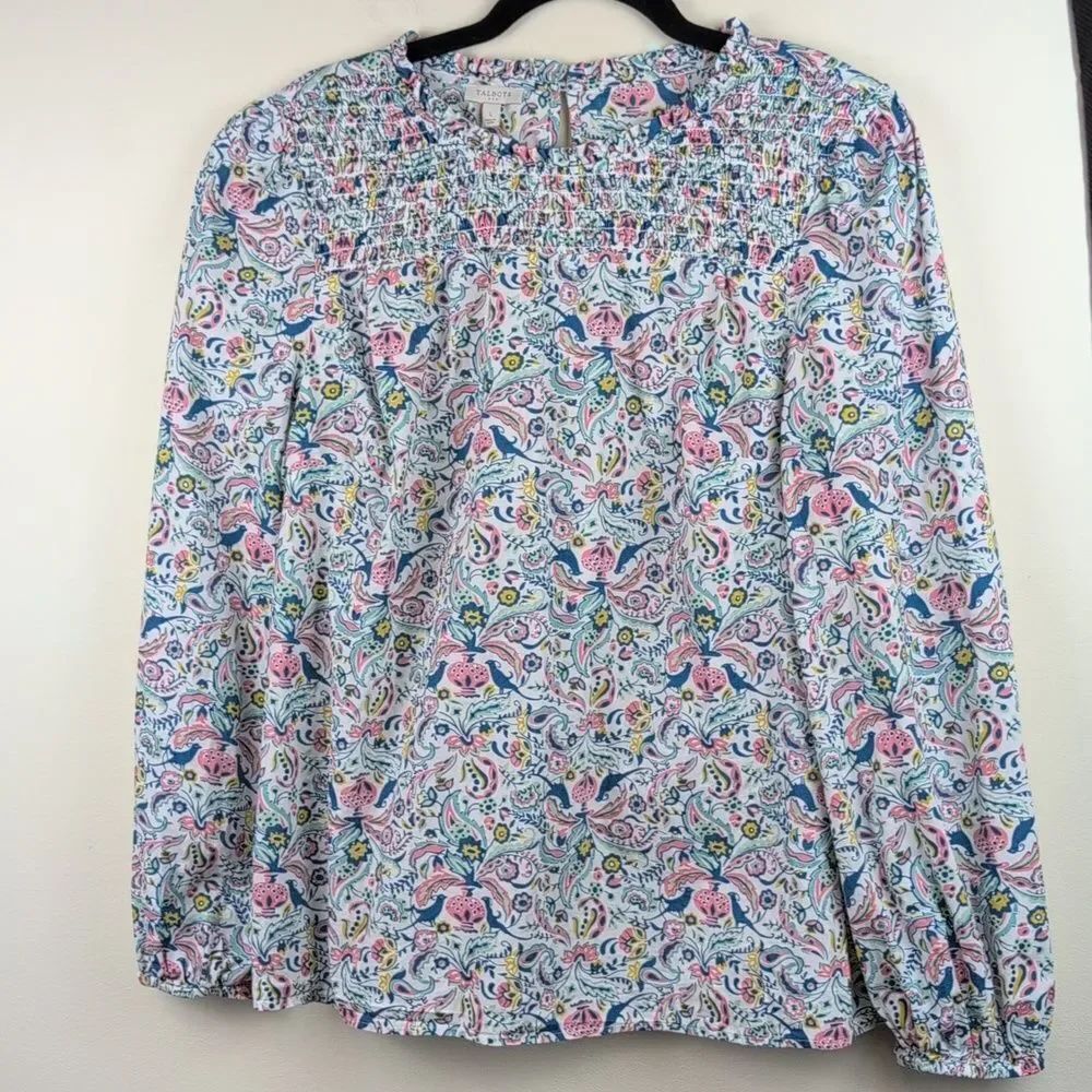 Vibrant Talbot's Bird Floral Novelty Print Smocked Cotton Blouse Top Size L